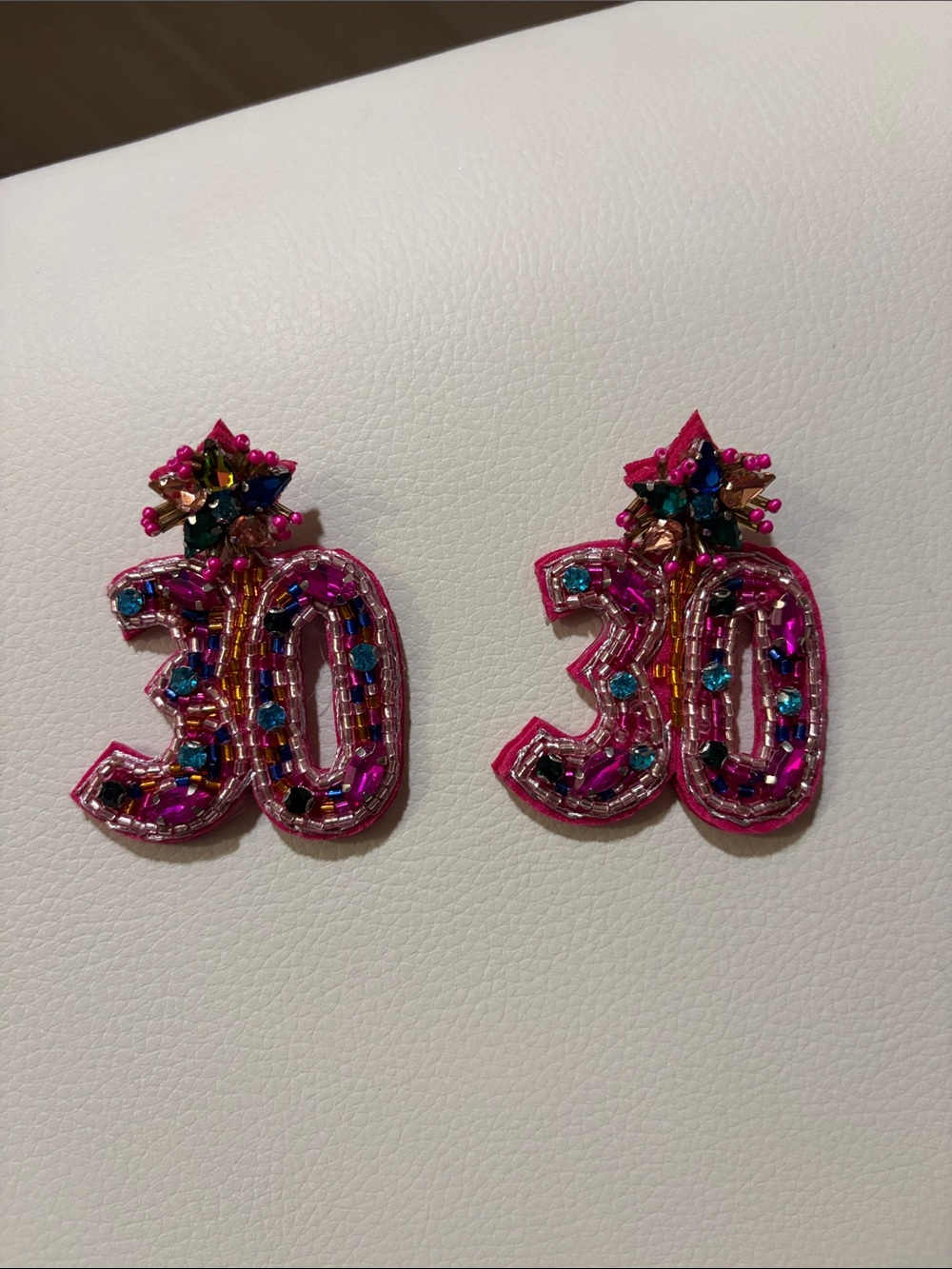 Beaded '30' Statement Earrings in Hot Pink with Teal Accents